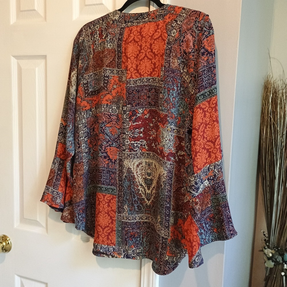 New Directions L Orange Print‎ Blouse Ruffle Neck Bell Sleeve Boho Bohemian Top - Picture 7 of 9